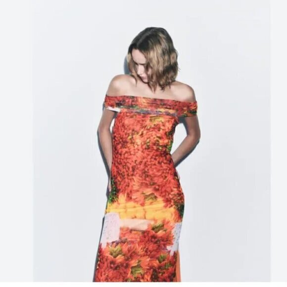 New Zara Picante All Over Print Over The Shoulder Tulle Maxi Dress NWT Small - Picture 3 of 12
